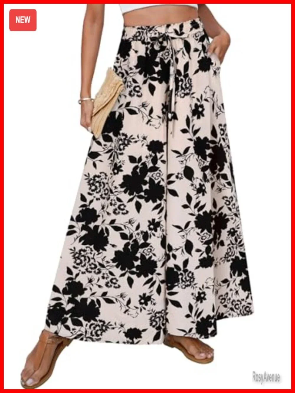 Women's Palazzo Pants Boho Floral Wide Leg High Waisted Flow Pants with Pockets